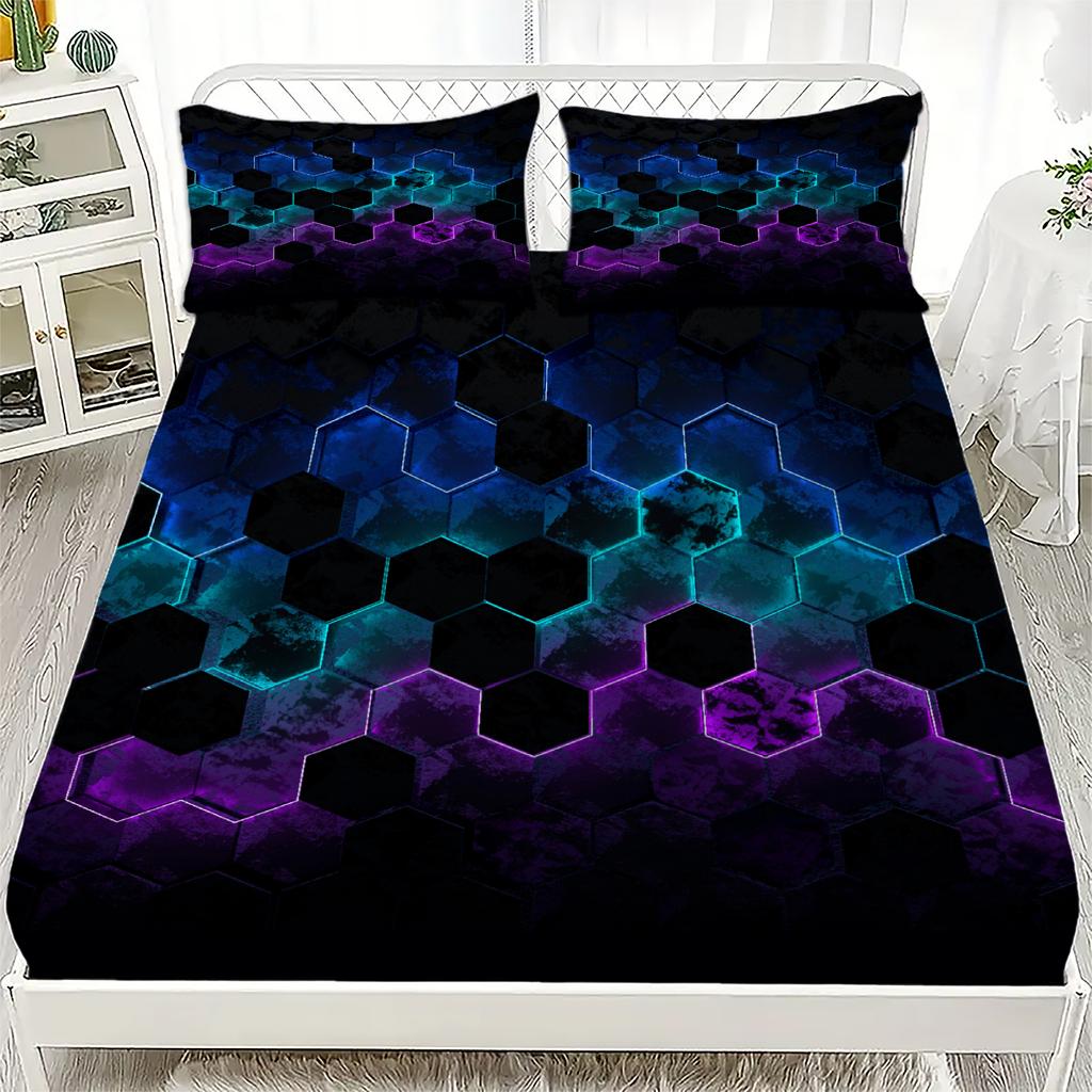 3pcs Fitted Sheet Set Colorful Visual Splendor 3D Print 100% Polyester Breathable Bedding Set for Home Decor with 2 Pillowcases