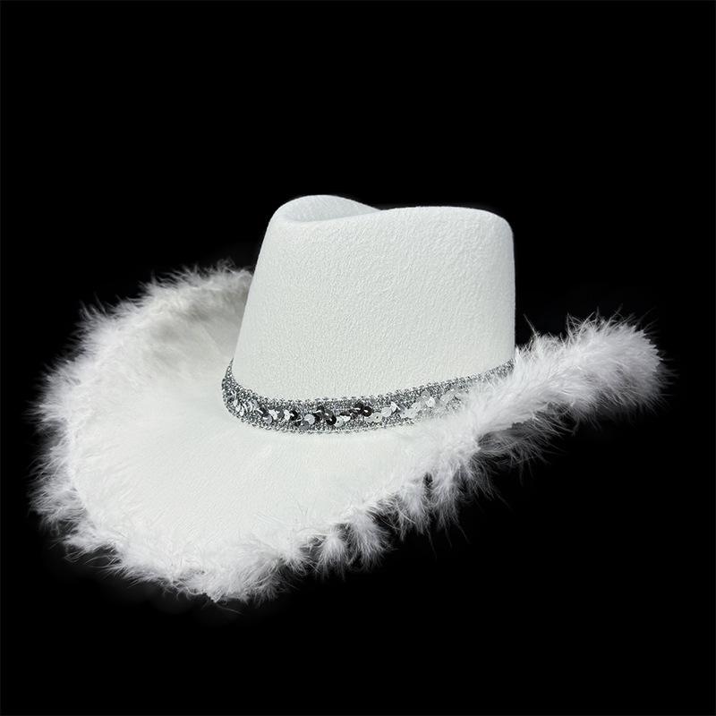 

Pink Upturned Brim Denim Hat with Frayed Edges & Silver Feather Band