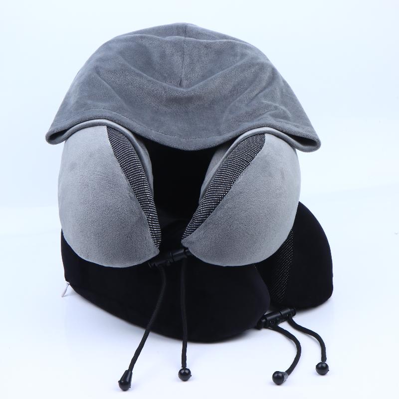 Memory Foam Travel Neck Pillow Soft Hooded Design Adjustable Strap Washable Cover for Flight Camping Nap