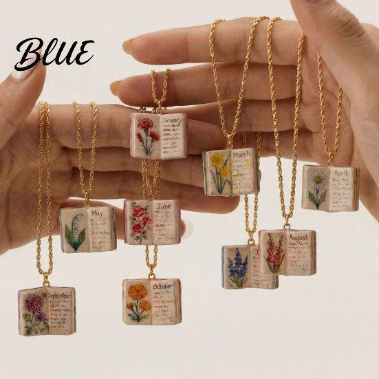 Stylish Women Necklace Birth Flower Necklace Floral Book Pendant January