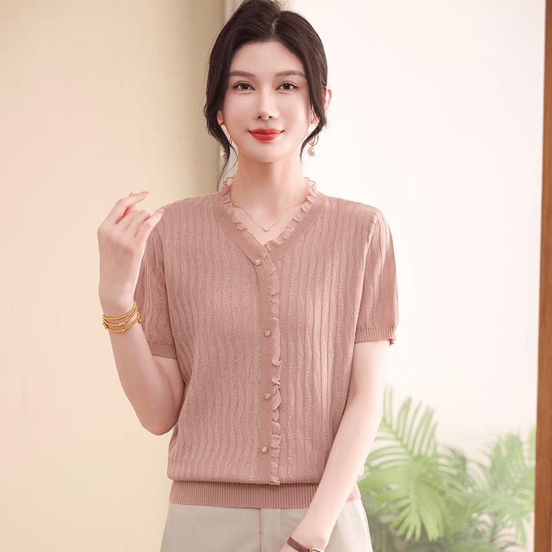 

Elegant Women s Striped Knit Short Sleeve Top 120