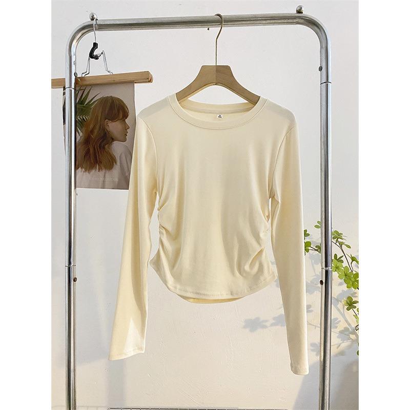 Irregular card waist pleated long-sleeved top spring slim-fit Spice Girl style shirt women's undershirt