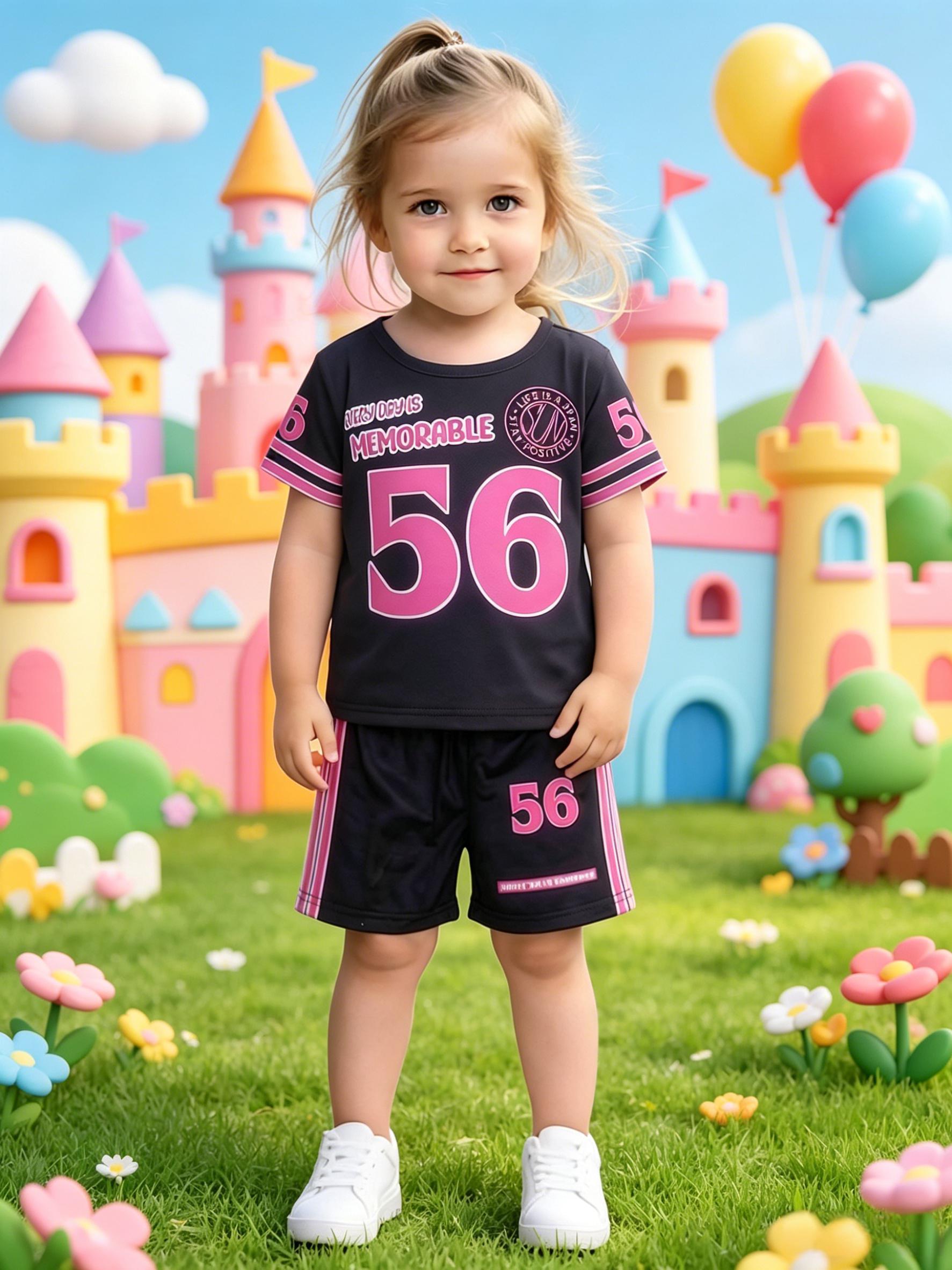 Girls  Color-blocked Short Sleeve & Shorts Set with Letter Print, Sporty Style 100