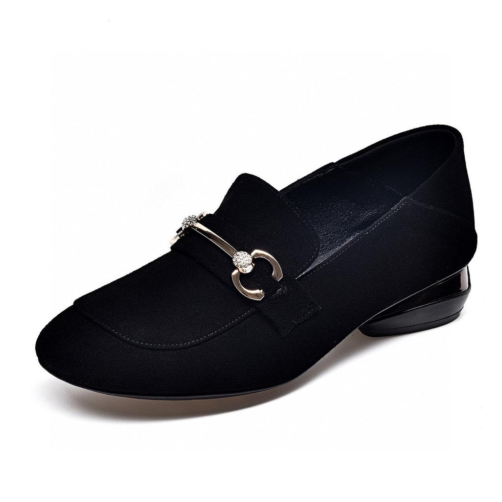 Women's Shoes Spring New Black Sheepskin Metal Buckle Rhinestone Flat Bottom Comfortable Lazy Shoes