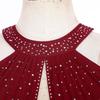 Womens Glittery Rhinestone Figure Skating Costume Ruched Mesh Patchwork Backless Sleeveless Performance Dress