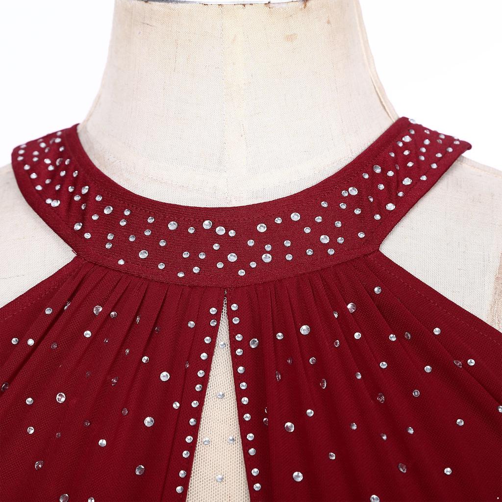 Womens Glittery Rhinestone Figure Skating Costume Ruched Mesh Patchwork Backless Sleeveless Performance Dress