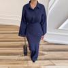 Womens Elegant Turn-Down Collar Long Sleeve Fitted Midi Dress Set With Button Detail Fall