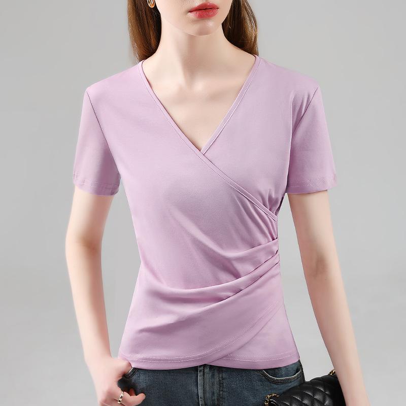 Ice-sensing Mercerated Cotton Short-sleeved T-shirt for Women's New Women's Solid Color Pure Cotton T-shirt Cross V-neck Design Top