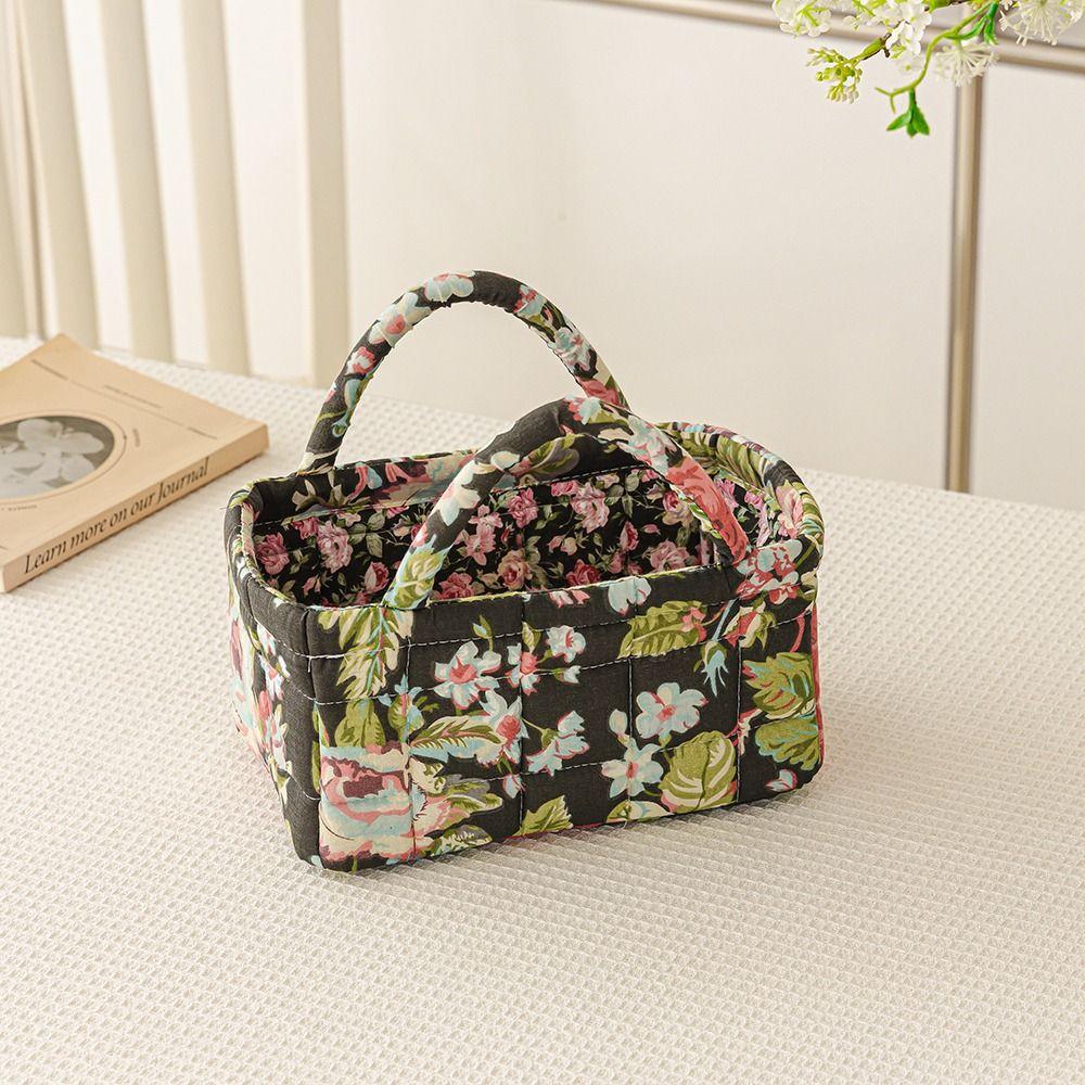 Floral Pattern Storage Basket Foldable Design Quilted Fabric Shopper Bag Cotton Material with Easy Carry Handles