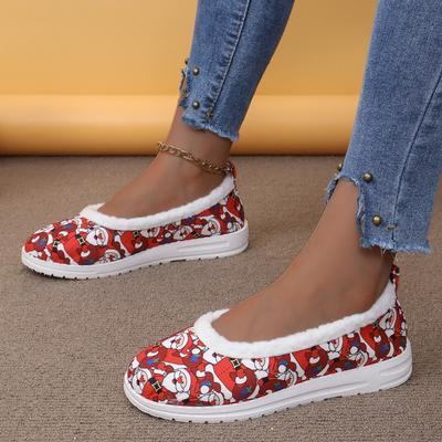 Chaussures plates simples pour femmes automne nouveau éléments de Noël peluche bouche peu profonde décontractées chaussures pour femmes