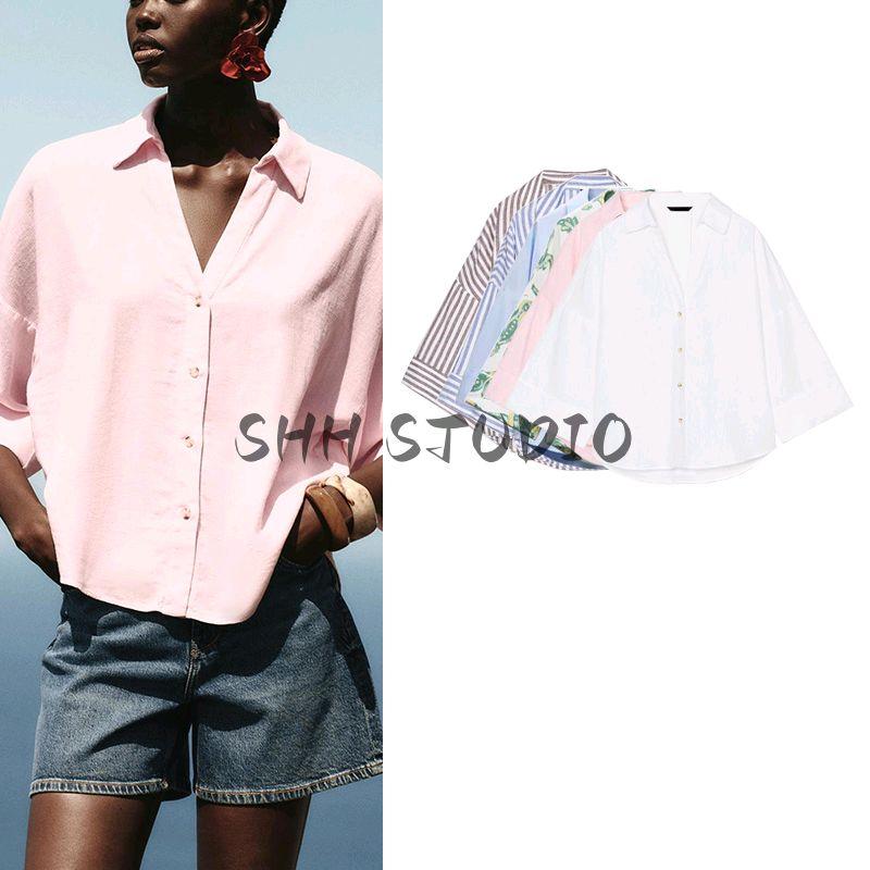 Spring New Women's Clothing French Simplicity Style Light Spring Linen Blended Wide Sleeve Plaid Shirt 2340939