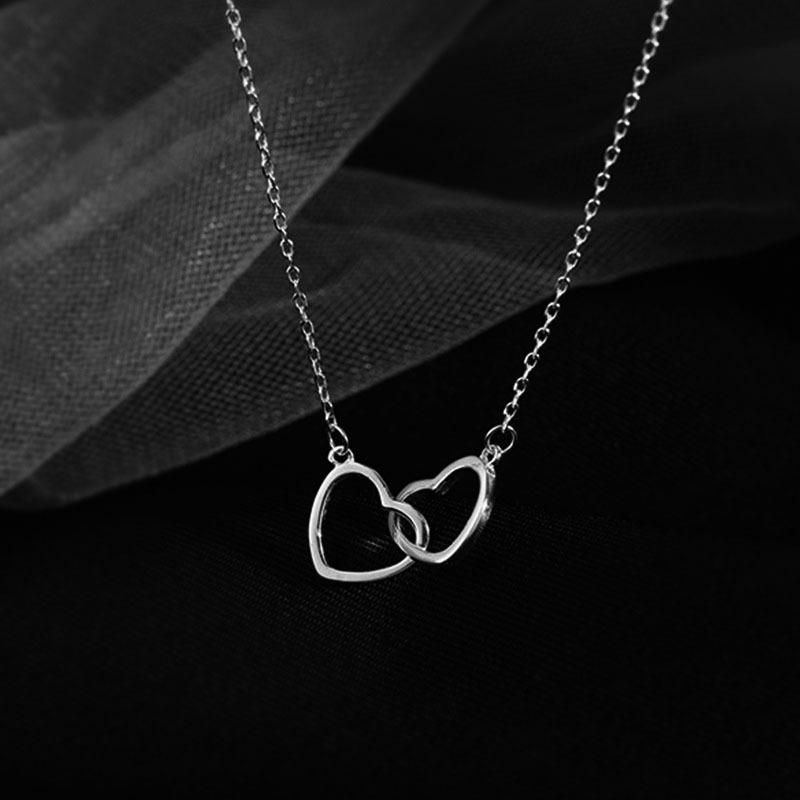 

New 925 Silver Double Ring Heart Necklace Women Clavicle Chain Simple Elegant Wedding Jewelry Gift for Her 45cm
