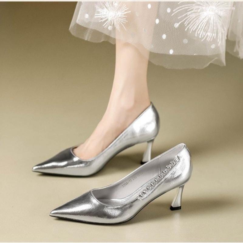 Móda 2025 Nové Stříbrné Lakované Kožené Sexy Vysoké Podpatky Dámské Mělké Ústa Temperament Kamínky Módní Jehlové Lodičky