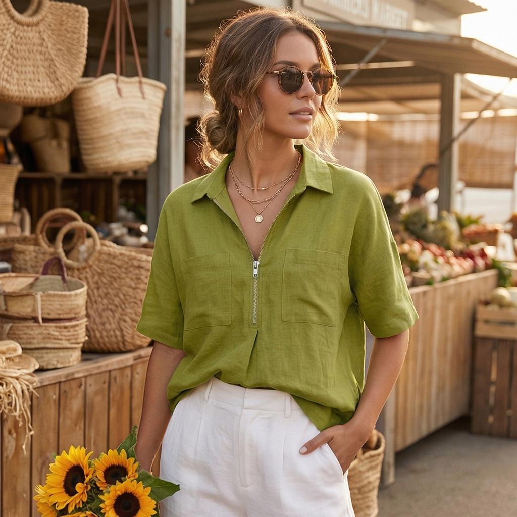 Women's Fashion Color Loose Collar Short Sleeve Casual Shirt V-neck Zipper Top