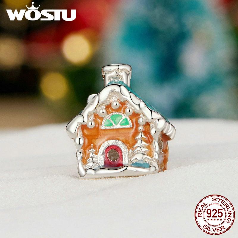 WOSTU 925 Sterling Silver Luminous Christmas House Charms Santa Claus Bead Glow In Dark Xmas Pendant Fit DIY Bracelet Necklace