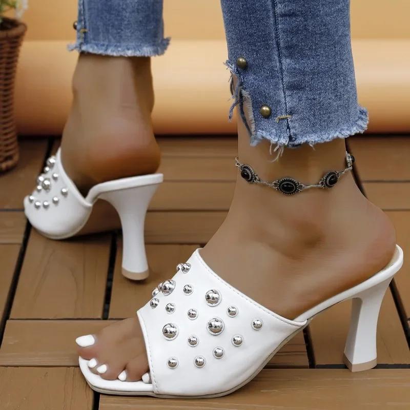Fashion Ladies Square Heels Elegant Summer Slippers High Heels Outdoors White Leather Slender Heel Fashion Woman's Beach Slippers