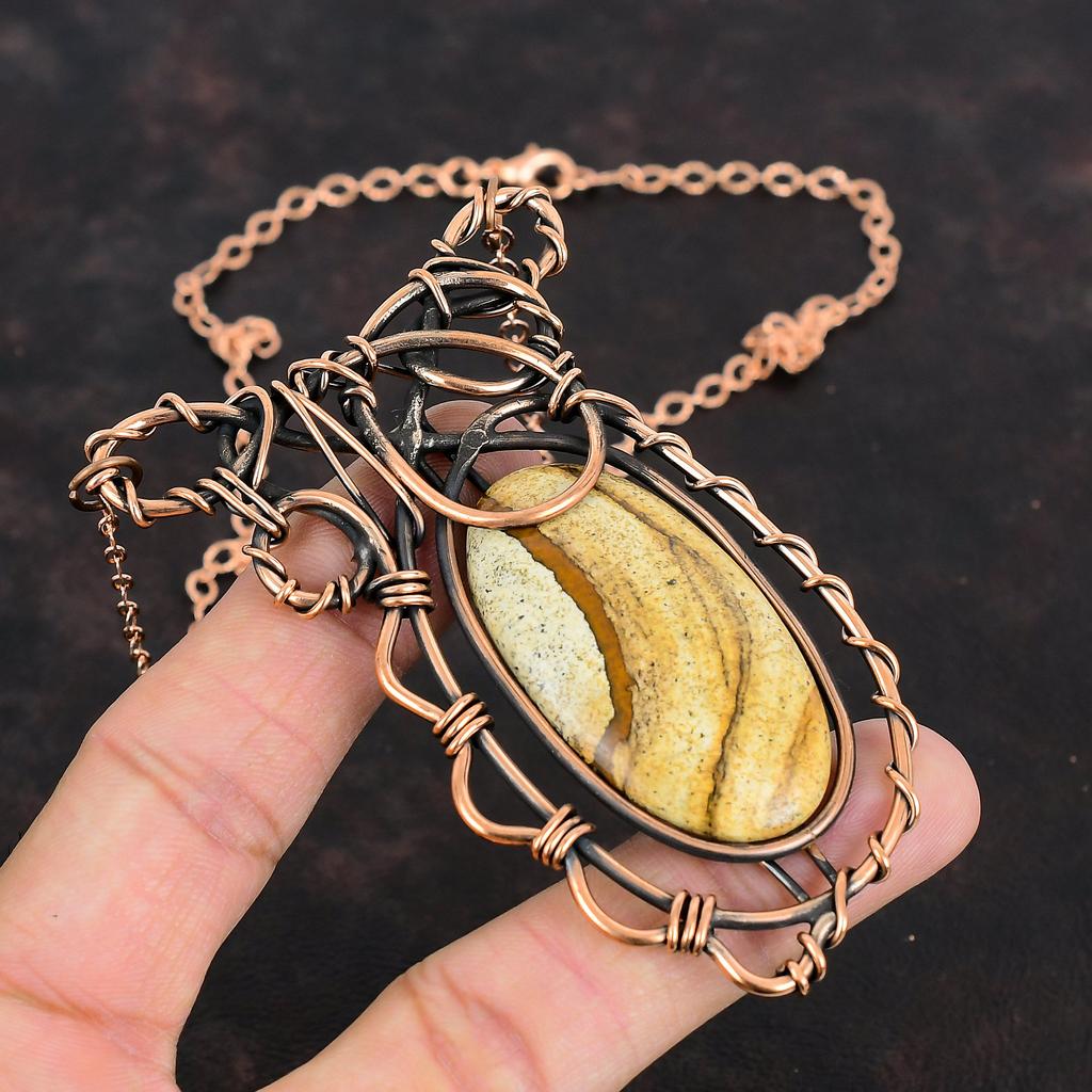 Picture Jasper Necklace Copper Wire Wrapped Necklace Gemstone Dainty Jewelry Adjustable Chain Necklace Copper Handmade Jewelry Gifts For Her