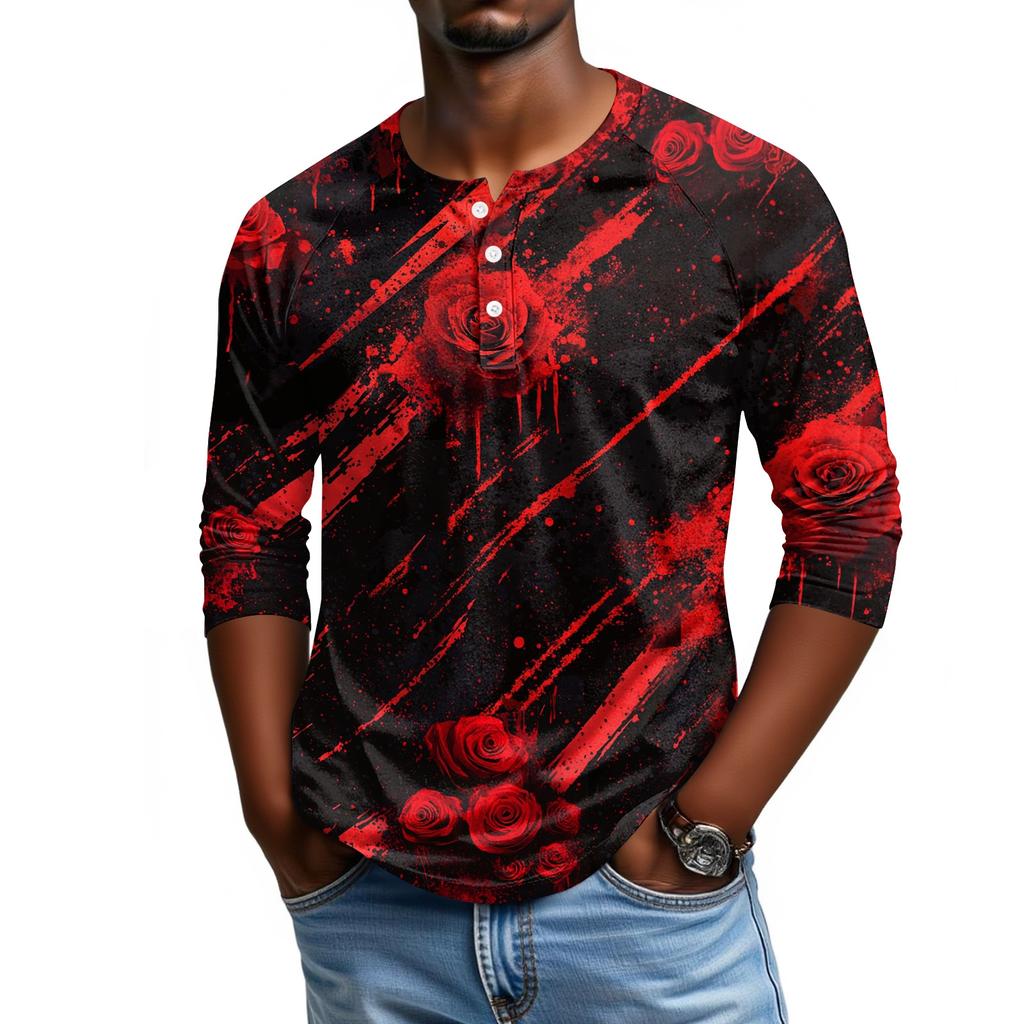 Men's Casual Halloween Print Raglan Sleeve Henley Shirt Three Quarter Sleeve Lightweight Comfortable Top for Everyday Wear