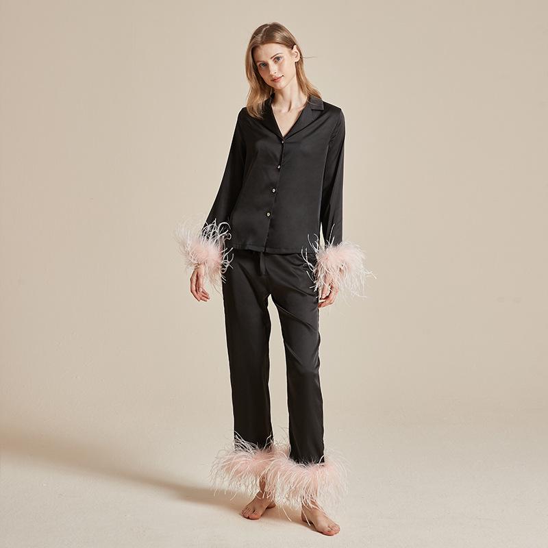 Women's Ice Silk Autumn Pajama Set with Detachable Feather Accents, Long Sleeve and Pants, French High-End Pure Desire Style
