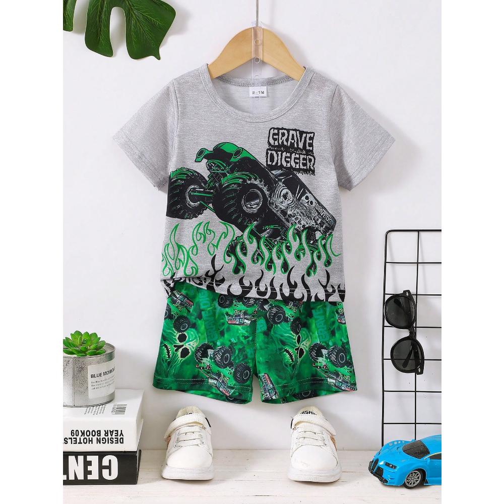 Boys Summer Clothing - Cartoon Car Print Short Sleeve Top and Shorts, Stylish, Casual, Comfortable