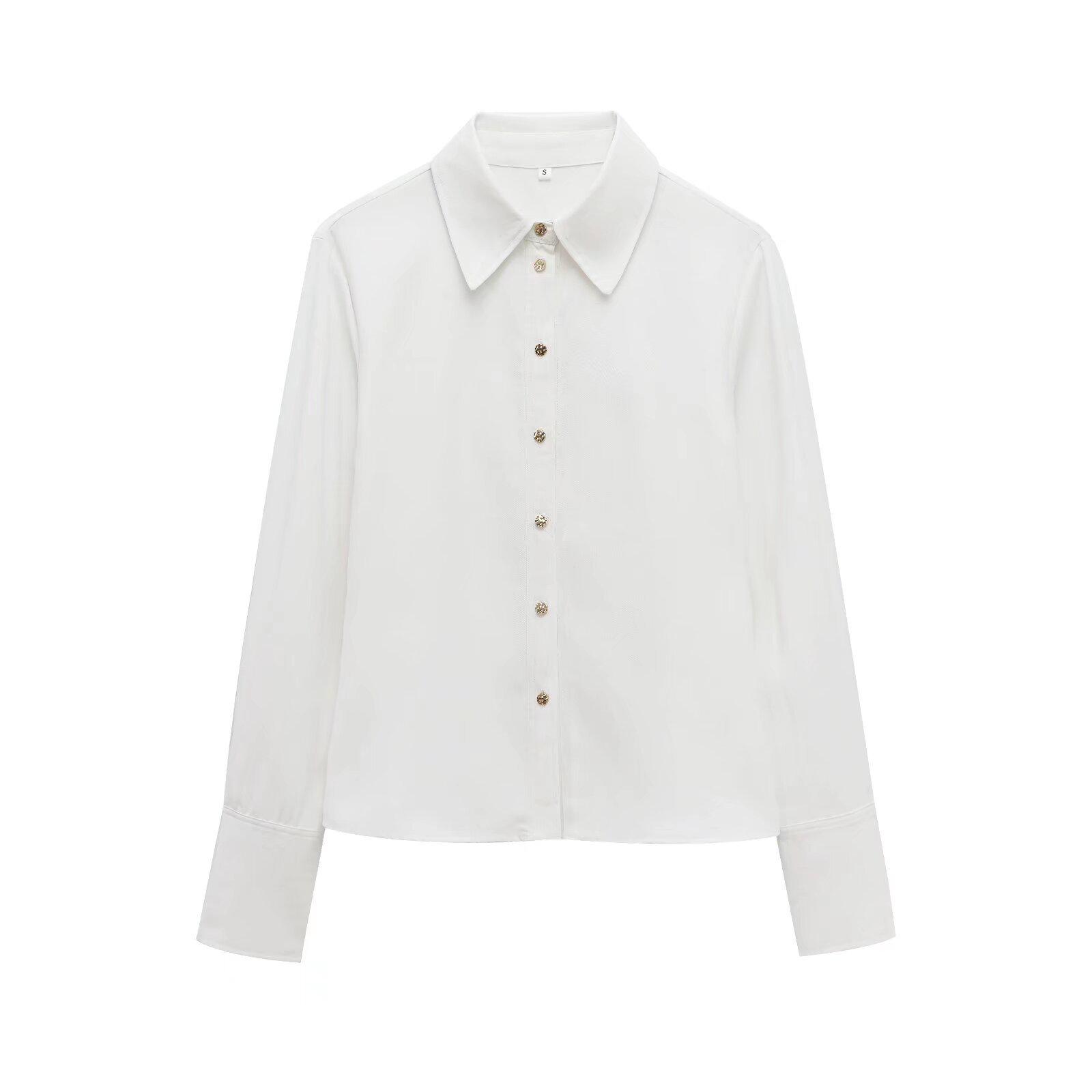 

Women s 2024 Winter White Flowy Shirt with Turn-Down Collar & Metallic Buttons Large