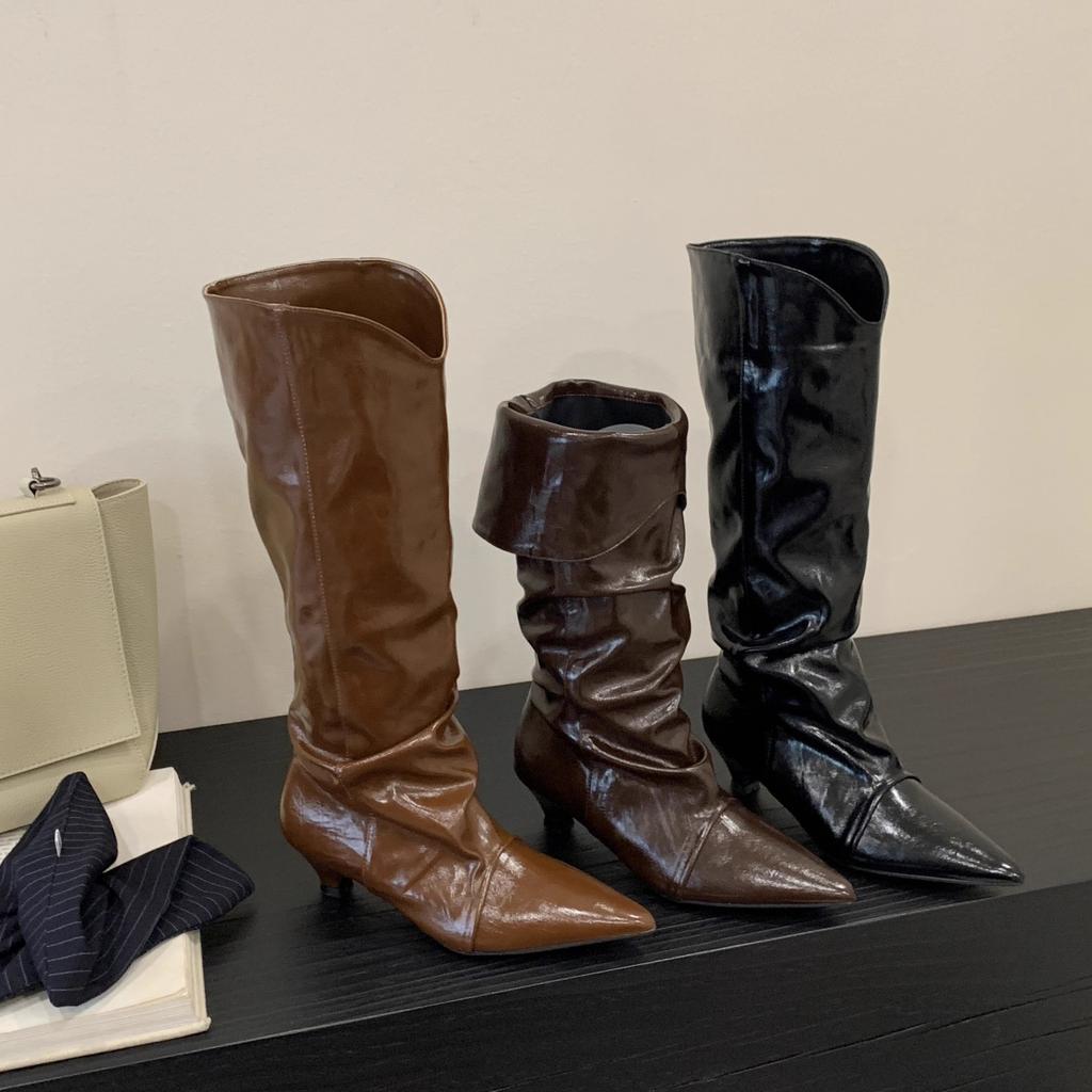 European and American Spice Girls Style Patent Leather Pointed Pleated Pile Boots Women's 2025 Autumn and Winter New Trendy Two Wear Low Heel High B
