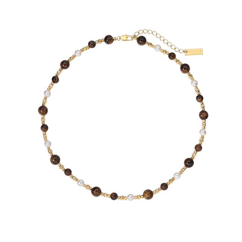 Real Gold Electroplated Retro Tiger'S Eye Stone Pearl Necklace Niche Design Temperament Light Luxury Fashion Ethnic Style Collarbone Chain