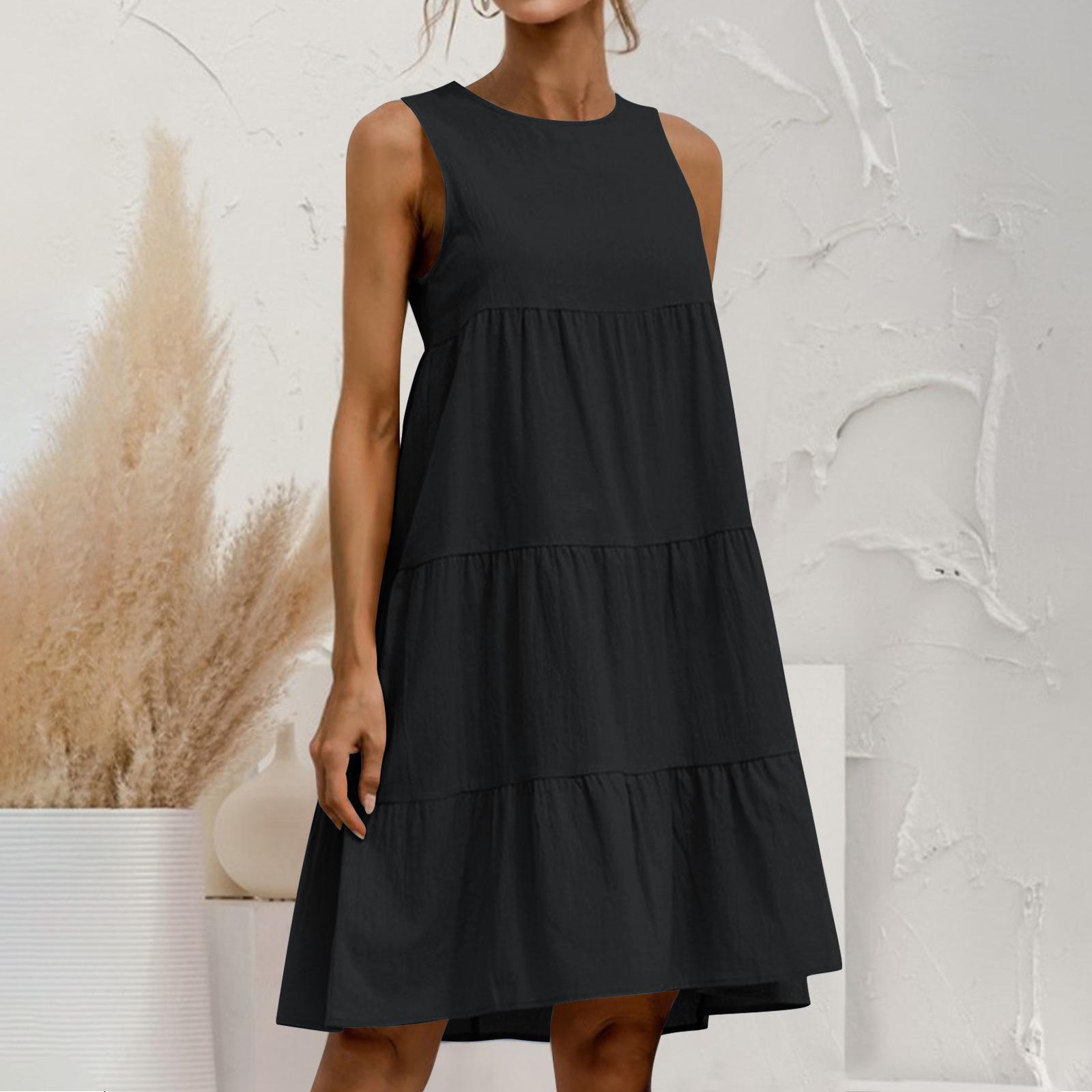 

2024 Summer Women s Plus Size Cotton Linen Sleeveless Patchwork Loose Dress 2XL чорний