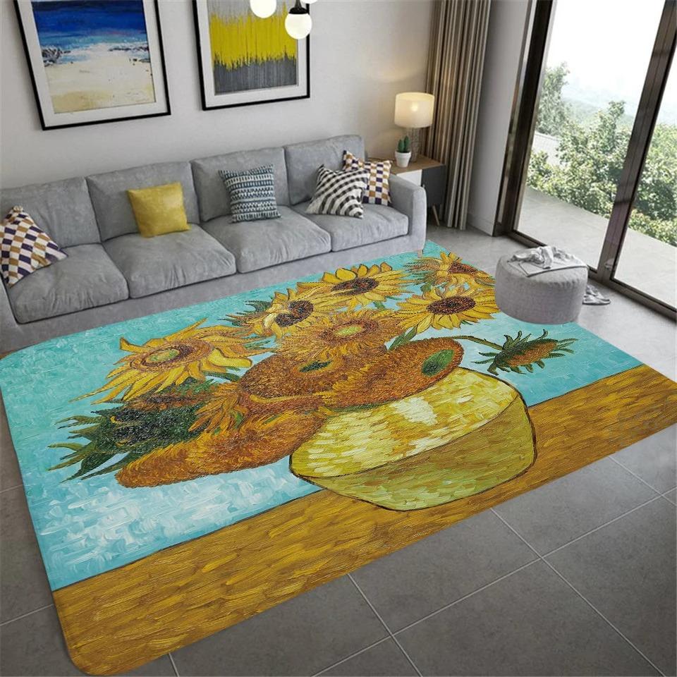 Van Gogh Art Style Sunflower Floral Oil Painting Rug  Artistic Living Room Carpe Durable Home Decor