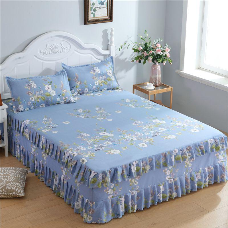 3PCS Bed Skirt Flower Printed Fitted Sheet Cover Home Graceful Bedspread Bed Linens Bedroom Decor Mattress Cover Pillowcase