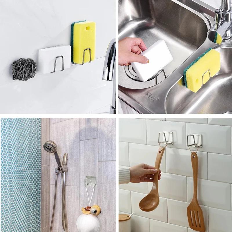 Kitchen Stainless Steel Sink Sponges Holder Self Adhesive Drain Drying Rack Kitchen Wall Hooks Accessories Storage Organizer