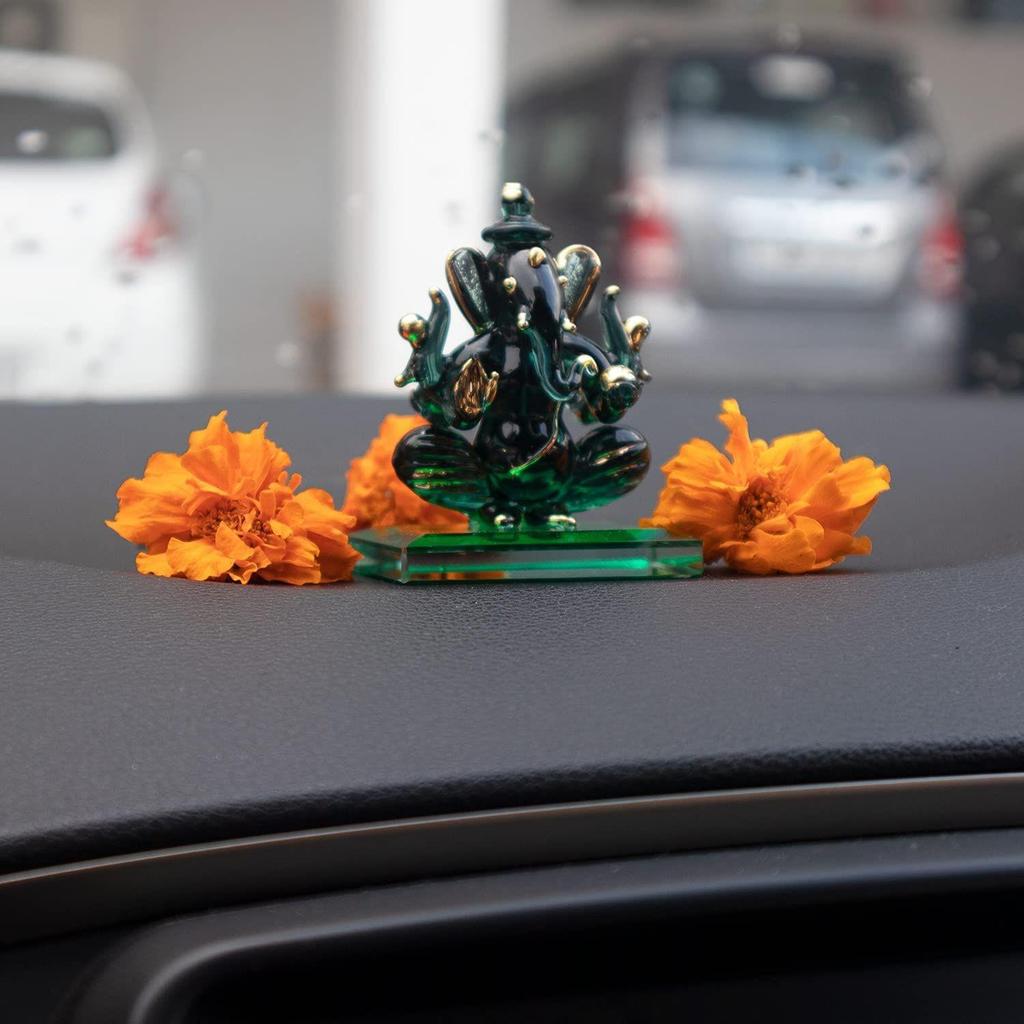 God Ganesh Sitting with Base Statue (Murti) Idol Showpiece Handmade of Crystal Glass by for Worship, Decoration, Car Dashboard, Gift (Dark Green),