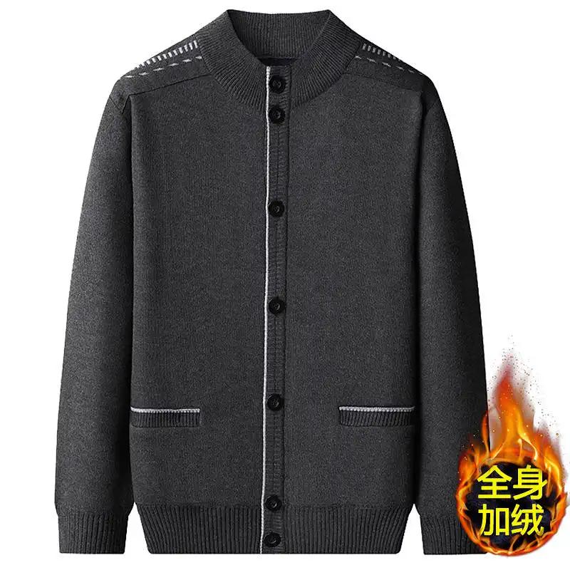 Herren Strickjacke Wollpullover Herbst und Winter Samt Dick Gestrickte Jacke Rundhals Warmes Oberteil