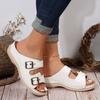 Double buckle cool slippers women's summer round head hollow metal buckle flat bottom outer wear plaid flip-flops