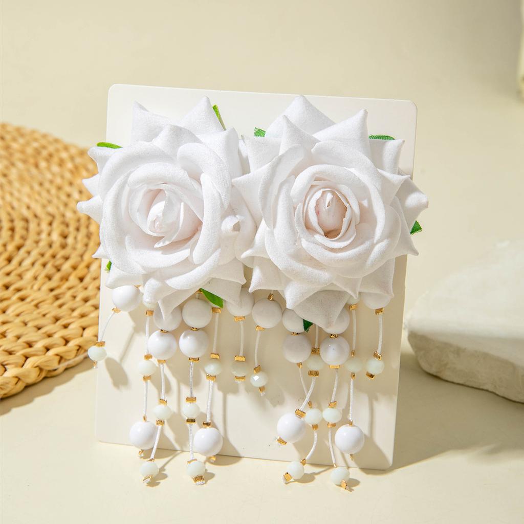 Accessories, colorful three-dimensional rose flower earrings, long fringed flower earrings with fresh fabrics