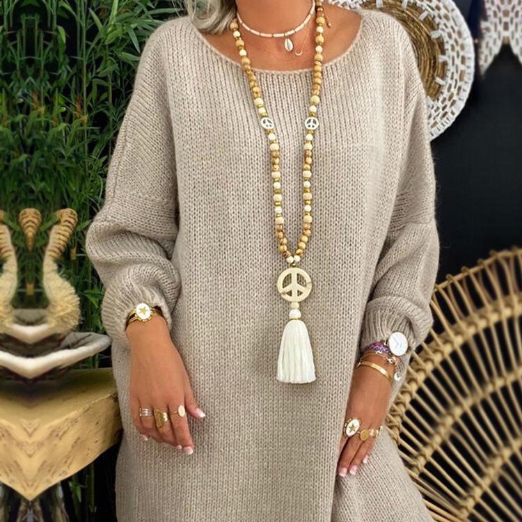 Sweater Chain Pendant Handmade Wooden Bead Tassels and Peace Talisman Pendant Long Necklace Chain Female