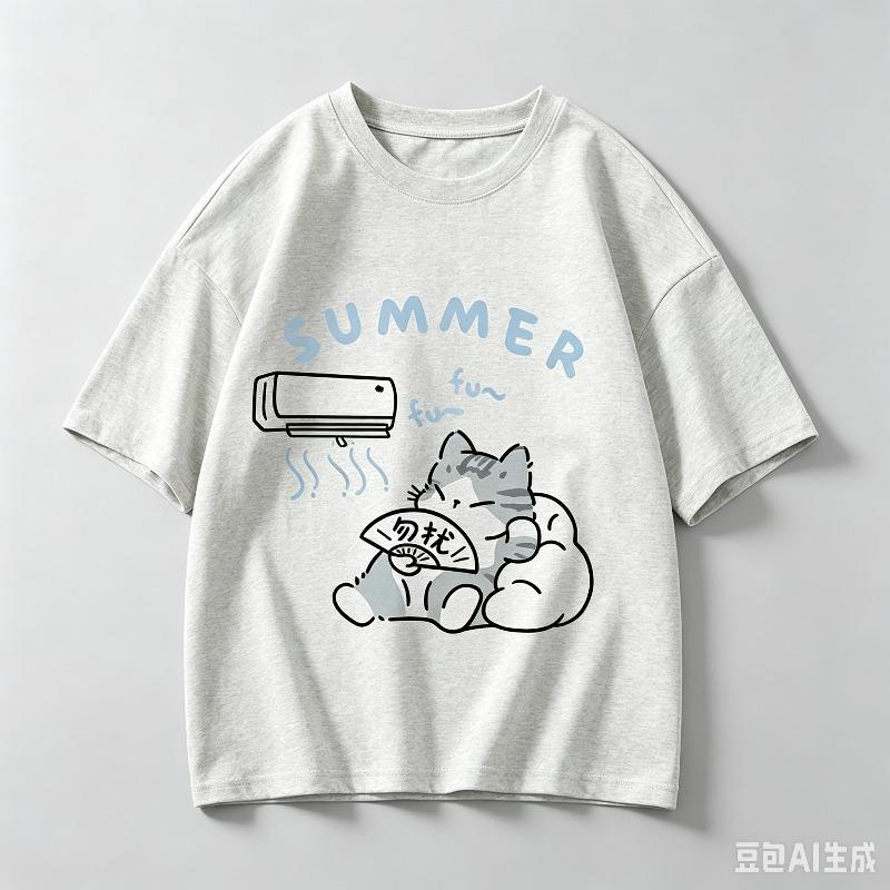 New Cotton Summer Unisex Oversize Tshirt Korean Casual Loose Style Kitten Blowing Fan Print Tshirt Suitable For Both Unisex Unisex