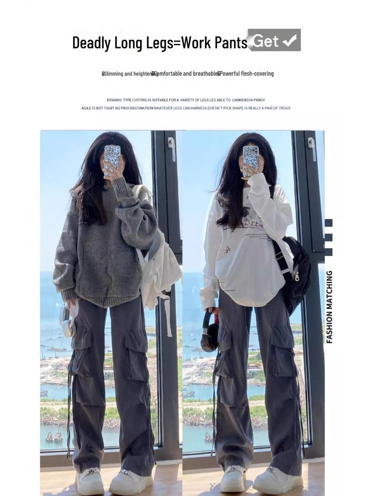 Petite High Waist Gray Wide Leg Cargo Pants for Women - Spring/Summer 145cm Length