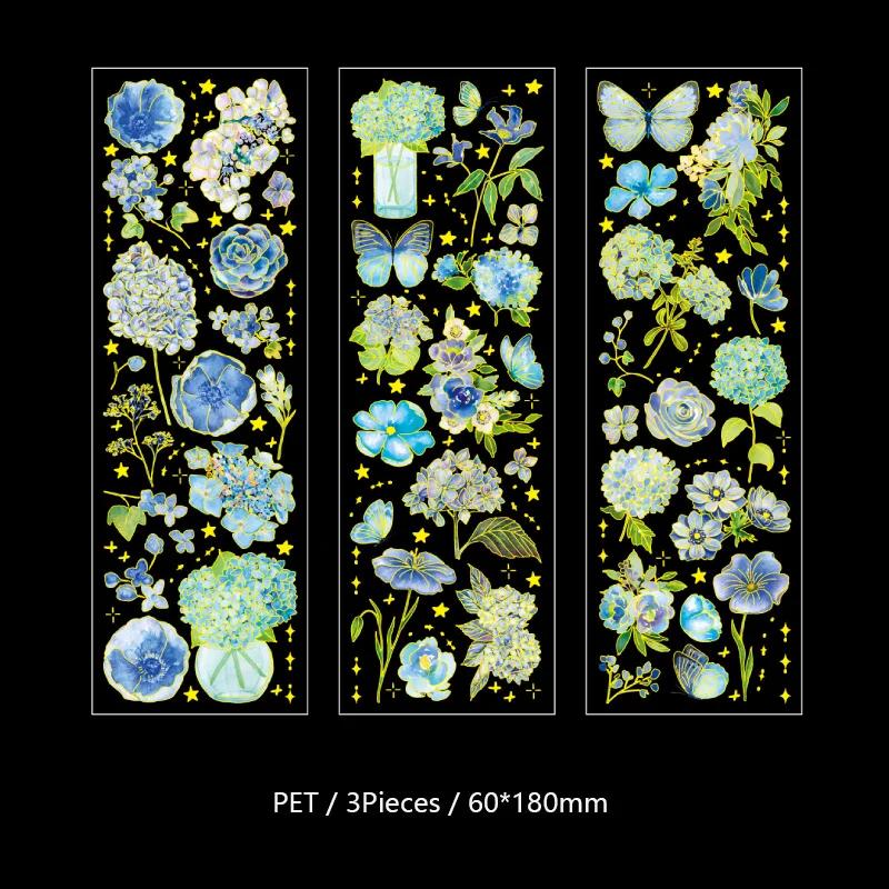 3pcs/pack Gilding Craft PET Stickers Floral Sticker DIY Cut Collage Junk Journal Decor Scrapbooking Waterproof Stickers