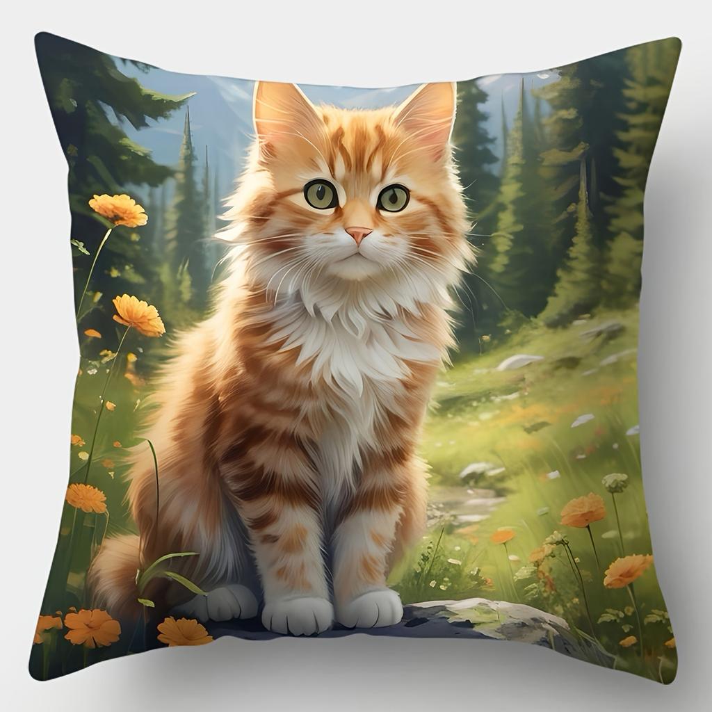 4-Pack 17.7x17.7 Inch Contemporary Cute Cat Floral Print Throw Pillow Covers, Decorative Cushion Covers for Home Sofa Bed(Pillow Inserts Not Included)