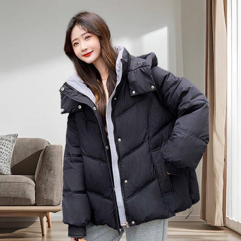 

Пуховик с капюшоном женский зимний короткий новый модный белый утиный пух большого размера S чёрный