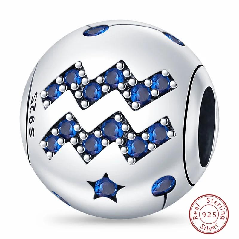 

copper Blue Zircon 12 Constellation Charm Bead Charms Bead Compatible With Authentic Bracelets Fine Do It Yourself Birthday Jewellery Gift Jewellery