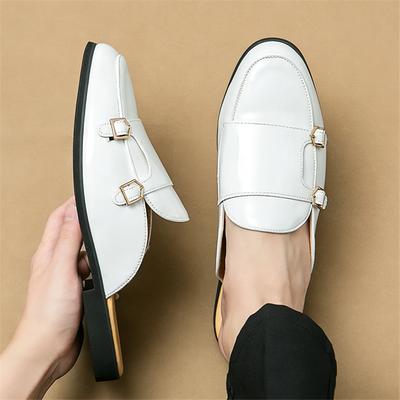 Fashion New Men's White Monk Strap Half Slippers Shoes Male Designer Casual Patent Leather Mules Moccasins Breathable Loafers