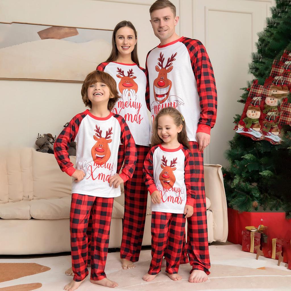 Christmas Parent-Child Set Round Neck Long Sleeve Plaid Christmas Home Wear Set Family Set