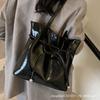 Korean lazy style large capacity tote bag women's strap bow pleats oil wax leather shoulder bag blue bucket bag