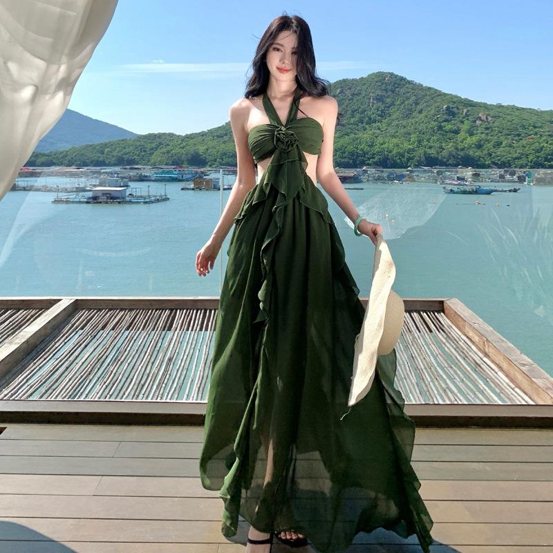 Sexy Strap Ruffle Edge Neck Dress Backless Retro Waist Thin Beach Dress