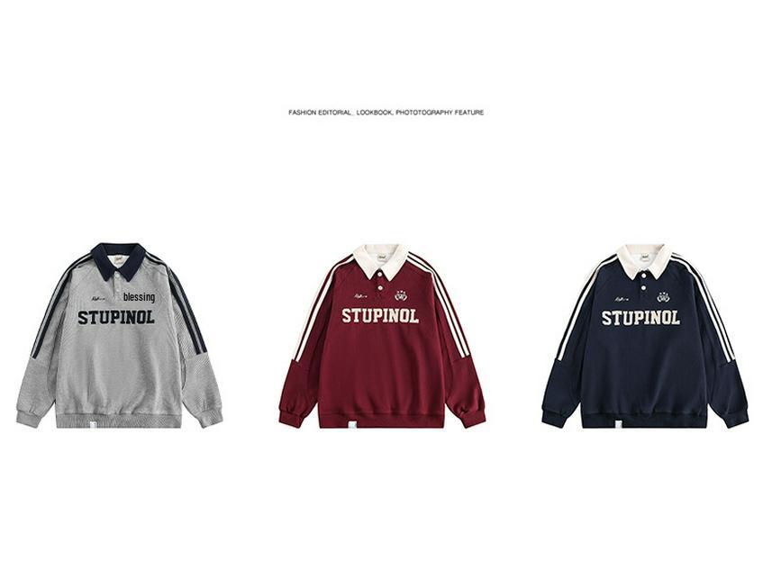 Damska modna koszulka POLO z długim rękawem o luźnym kroju w stylu preppy retro, z haftem literniczym, kołnierzykiem typu turn-down i paskami bocznymi