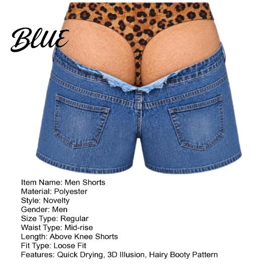 Mens Funny Swim Shorts Men Hairy Booty Shorts Leopard Print Thong Fake Denim Gag Gifts for Birthdays 3D Illusion Beach Trunks Summer Pool Party,