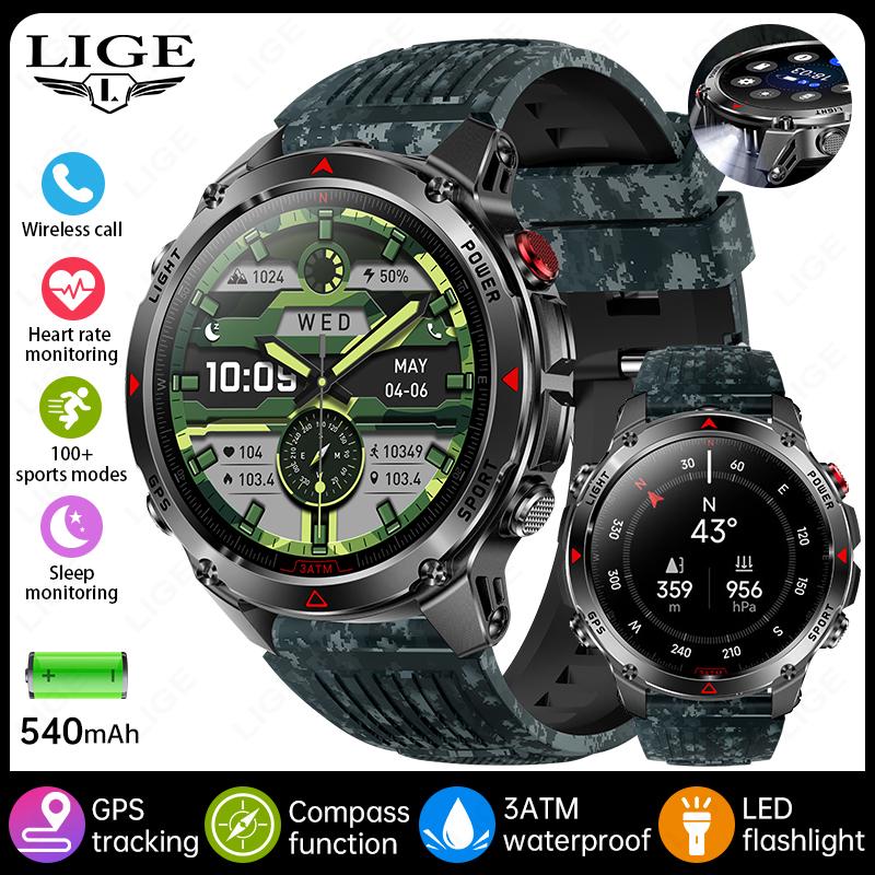 

GPS Sports Waterproof Smart Watch Men 1.46“HD Full Touch Screen 500mAh Battery Flashlight Compass Bluetooth Call Smartwatch