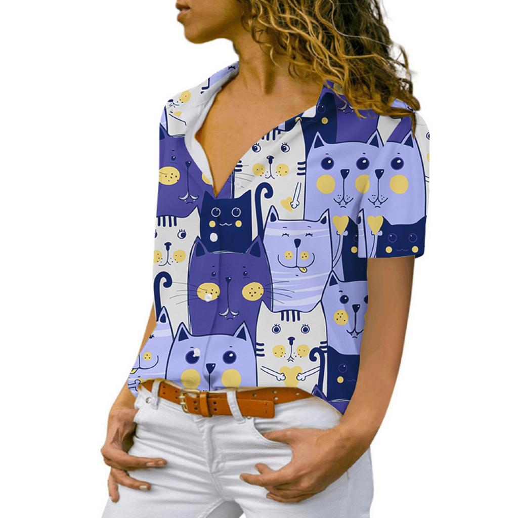 Summer Women's Casual Short-sleeved Lapel Shirt with Many Cat Prints Tops Personality Fashion Clothing